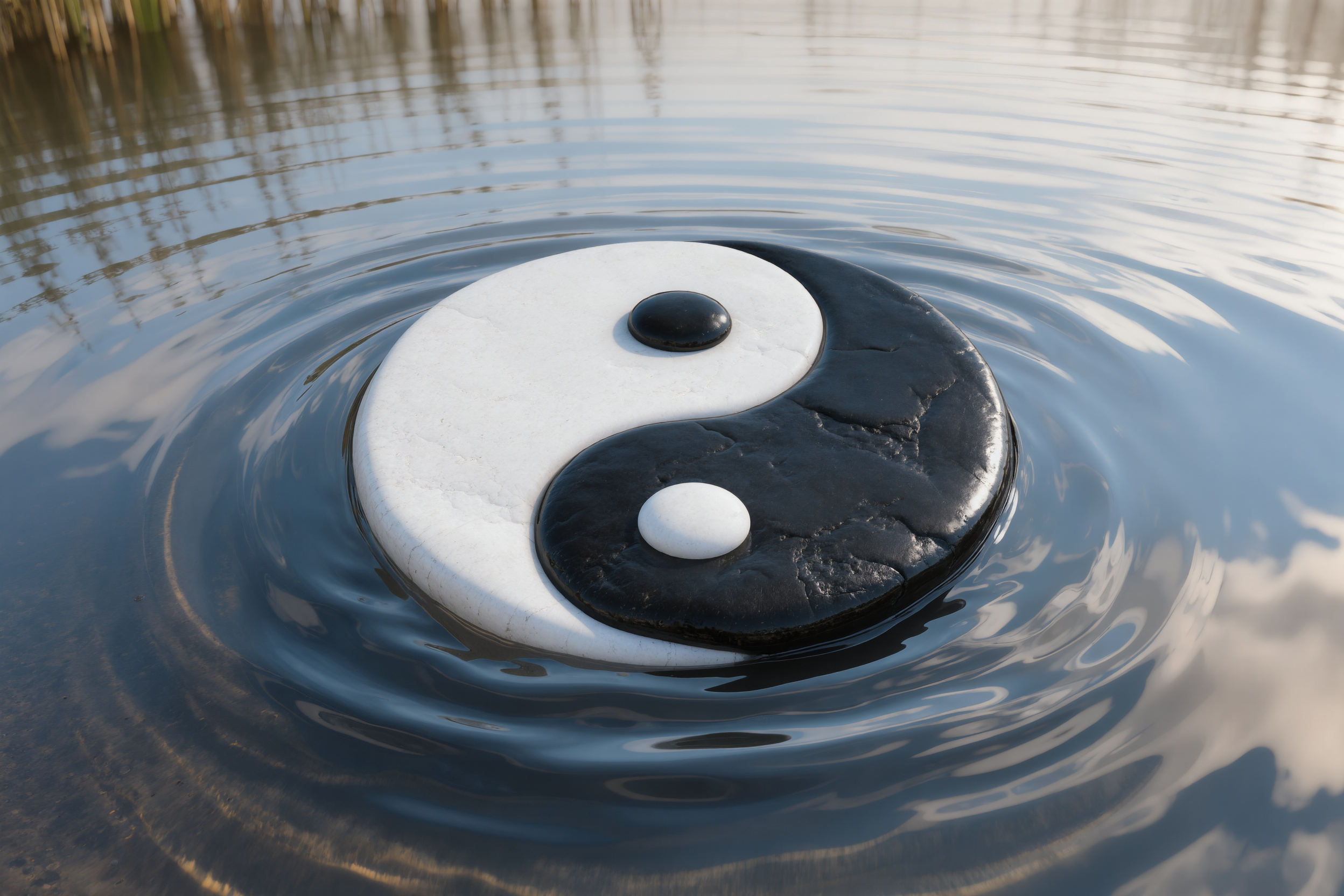Yin yang symbol formed by black and white stones in water