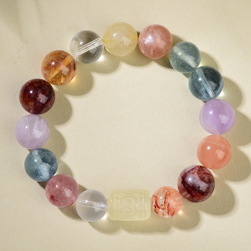 Natural Multi-Treasure Crystal Bracelet – Yellow Tower, Pink & Purple Quartz Beads