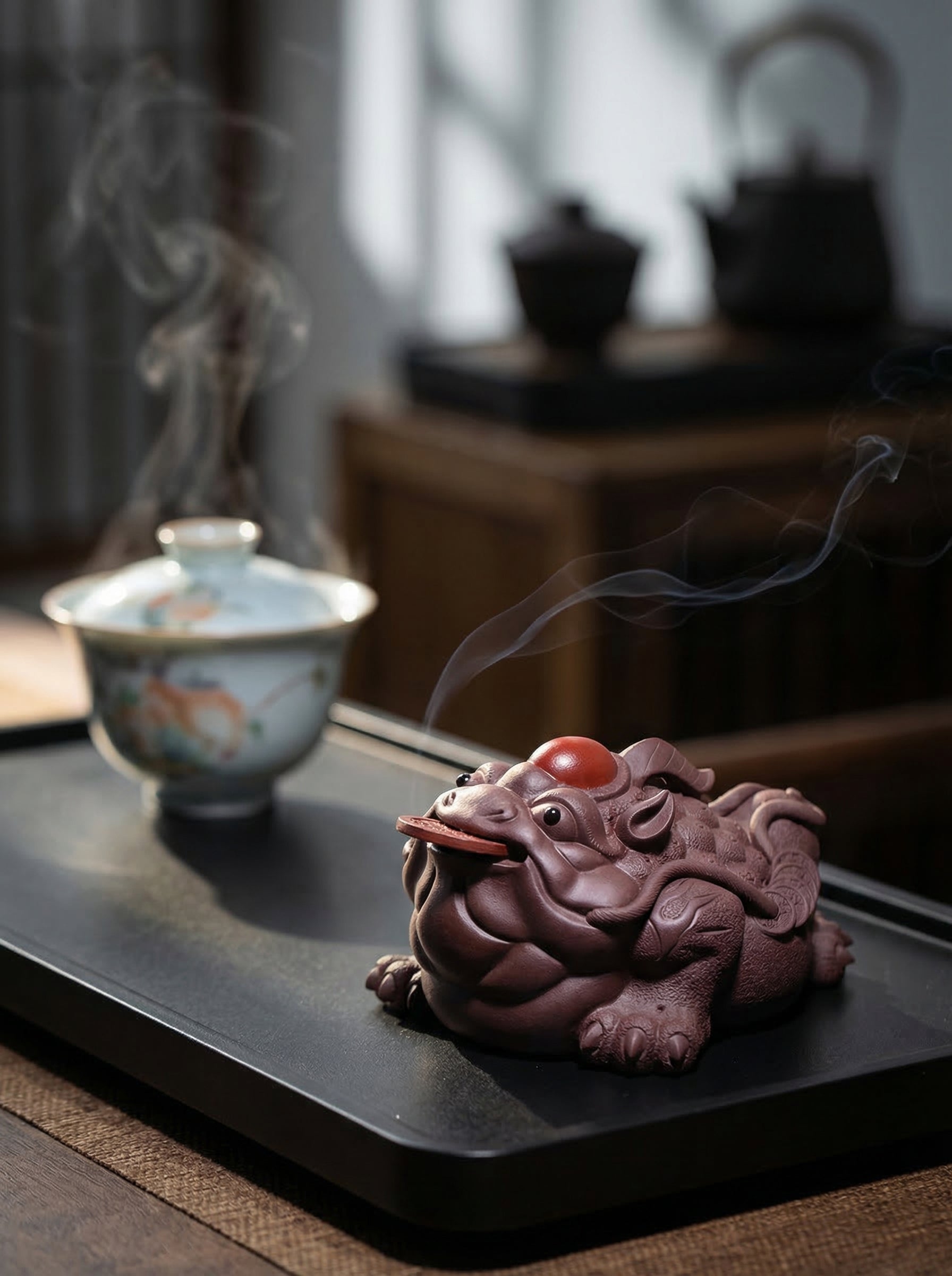 Zenflowing Handmade Zisha Tea Pet - Three-Legged Money Toad Sculpture, Purple Clay Fortune Ornament for Tea Lovers