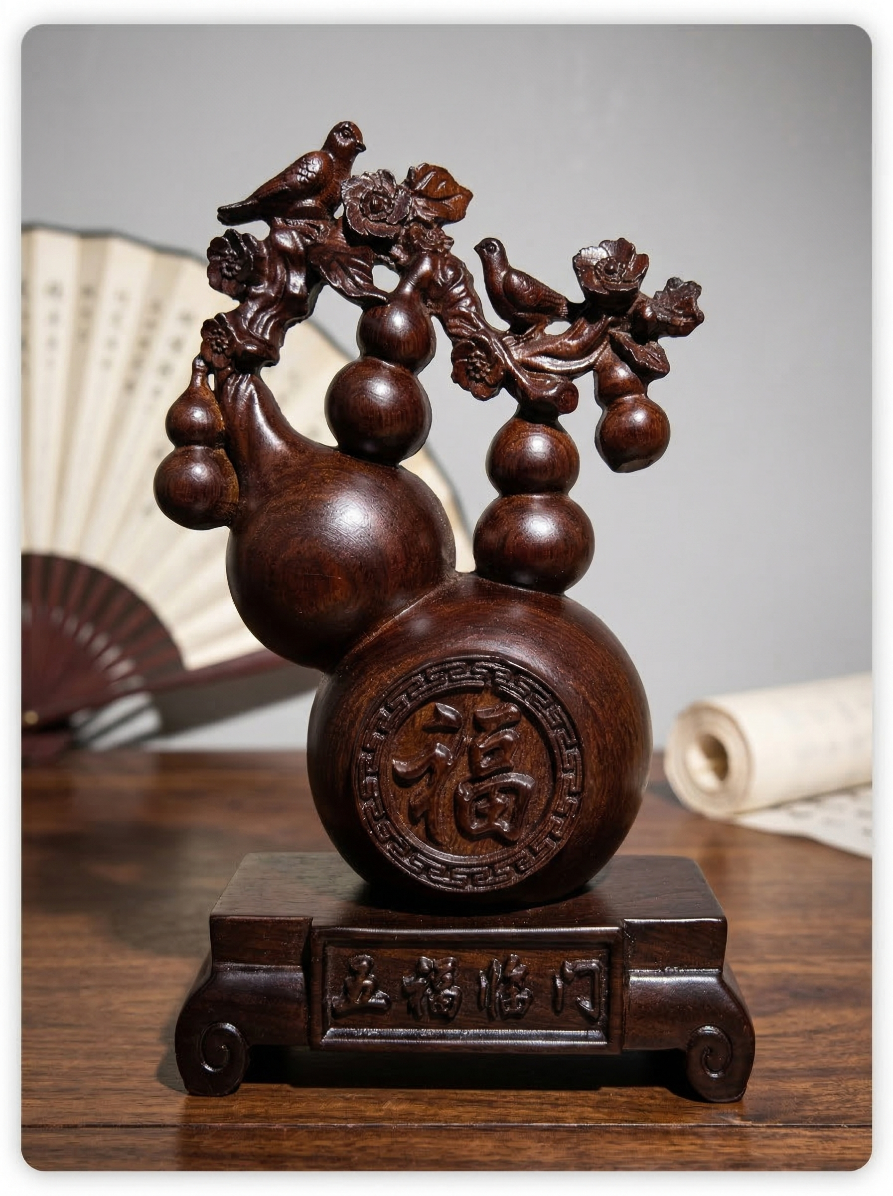 Zenflowing Five Blessings Wooden Gourd Sculpture - Ebony & Rosewood Home Decor for Good Fortune