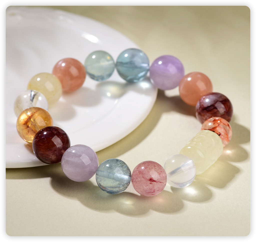 Natural Multi-Treasure Crystal Bracelet – Yellow Tower, Pink & Purple Quartz Beads