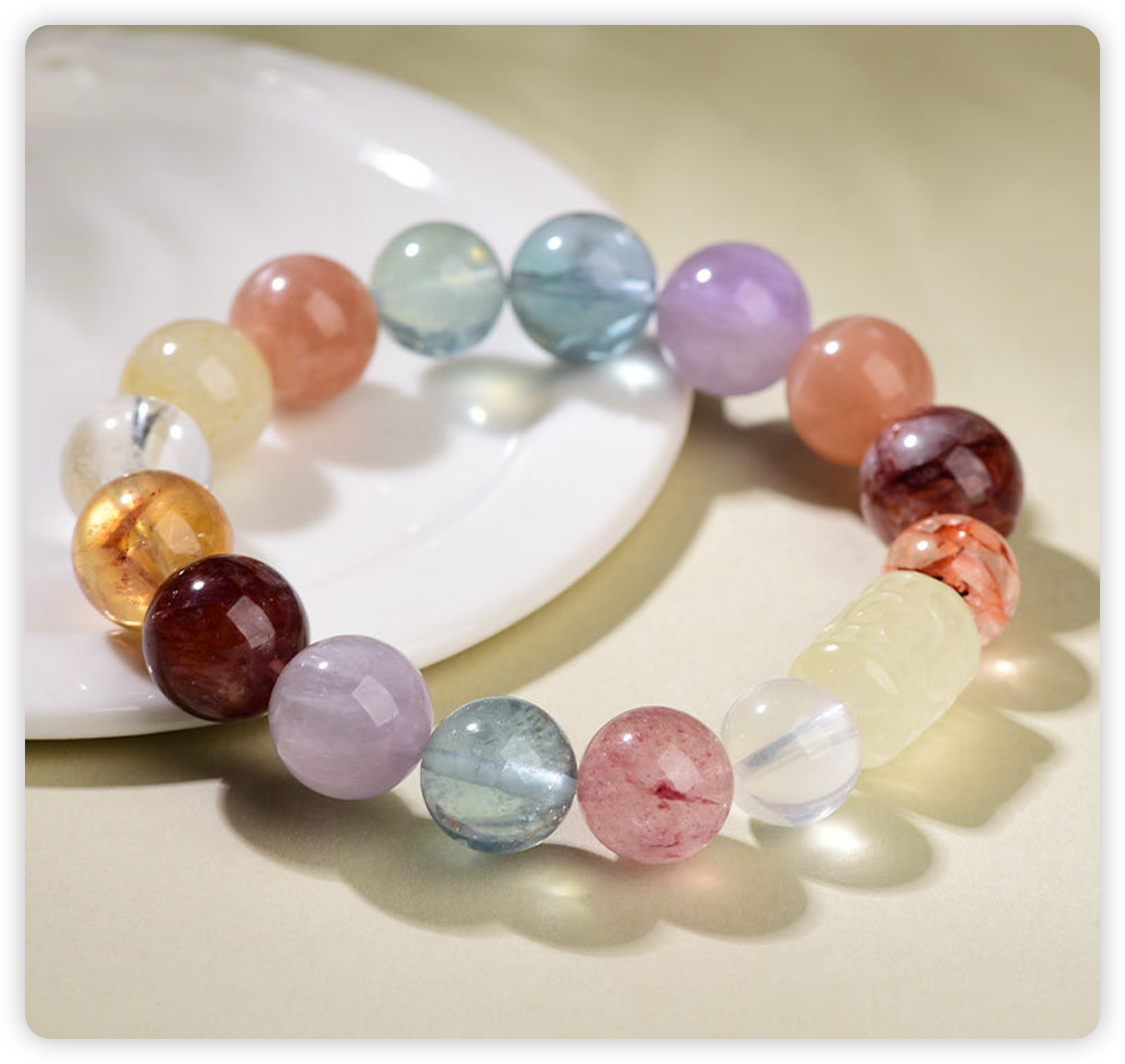 Natural Multi-Treasure Crystal Bracelet – Yellow Tower, Pink & Purple Quartz Beads