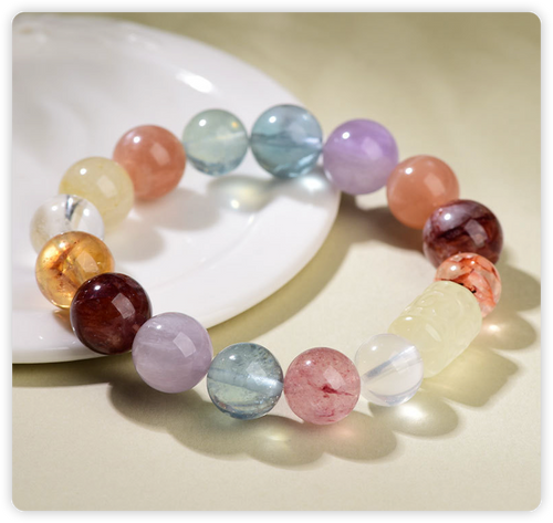 Natural Multi-Treasure Crystal Bracelet – Yellow Tower, Pink & Purple Quartz Beads