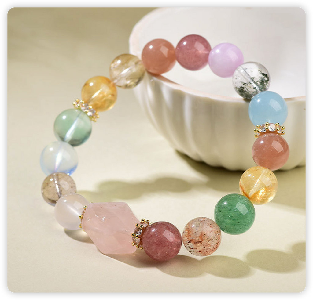 Natural Multi-Treasure Crystal Bracelet – Yellow Tower, Pink & Purple Quartz Beads
